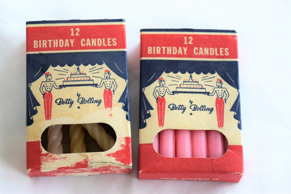 Happy Vintage Birthday Party! 1950s Betty Bolling birthday candles in the original box. Fun illustration on the boxes. 