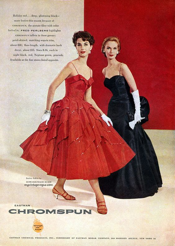 1950s fashion ad for Fred Perlberg evening gowns. One 1950s full skirt dress is in red, the other is a stunning black floor length evening gown. 