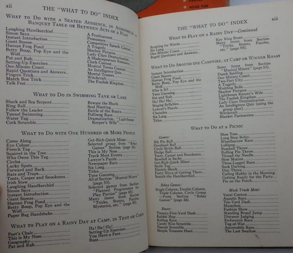 "The What to do Index" of games to play at parties and special events from a 1950s Party Ideas & Games Ideas book from 1957.