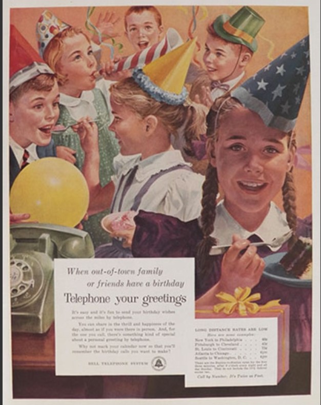 1956 magazine ad for Bell Telephone (Canadian company). Great image of children having fun at a birthday party. Includes long distance rates to and from a few major cities.