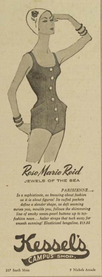 1950s vintage fashion ad for Rose Marie Reid Swimsuits featuring an illustration of a woman in a bathing cap, swimsuit and bracelets. 