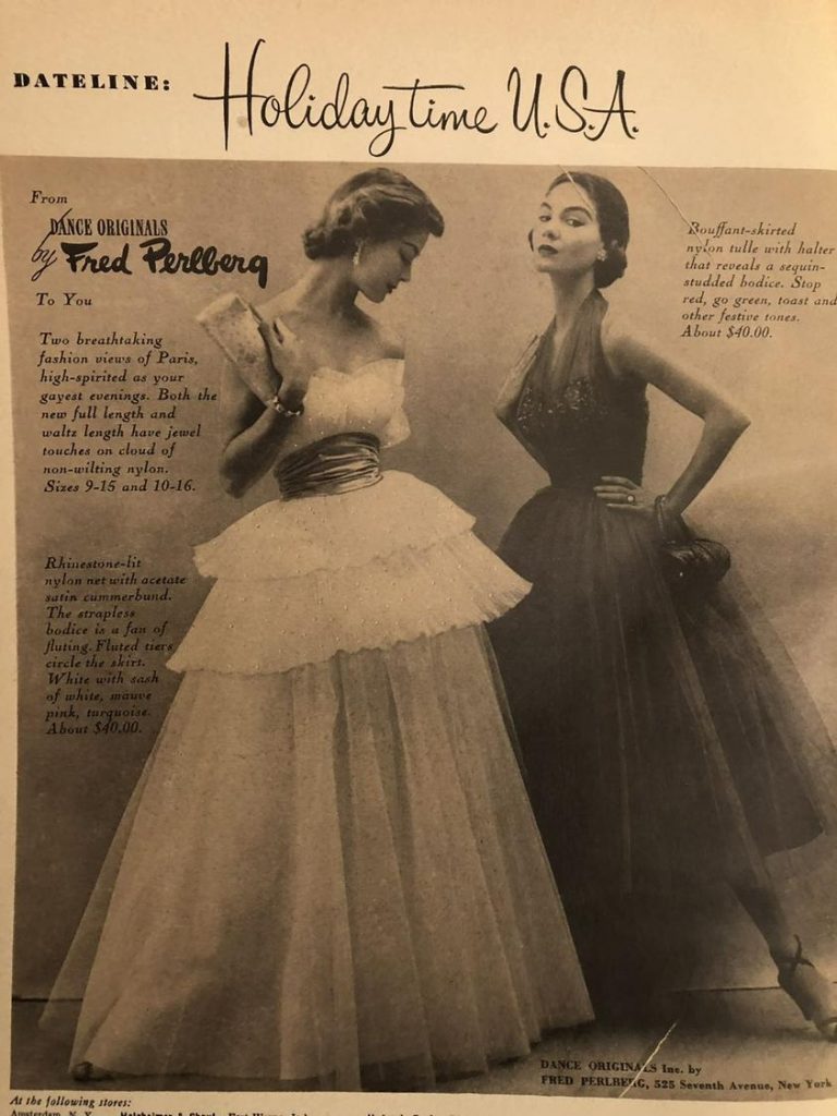 1950s vintage ad for women's 1950s evening gowns by Fred Perlberg Dance Originals. 