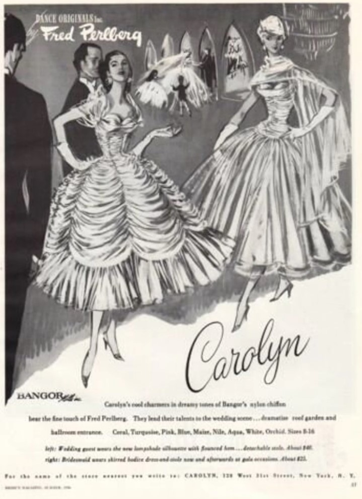 1950s vintage advertisement for Fred Perlberg dresses featuring an illustration of 1950s evening dresses. Fantastic 1950s fashion inspiration. 