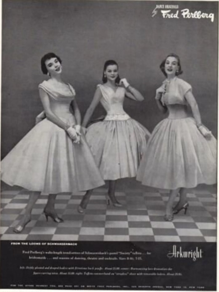 1950s vintage fashion advertisement for Fred Perlberg Dance originals featuring 1950s Circle skirt dresses. Fantastic 1950s fashions! 