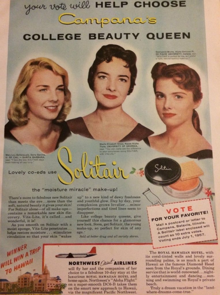 1950's Solitair "Moisture Miracle Make-up" contest ad. "Your vote will help choose Campana's College Beauty Queen". 1950s vintage makeup advertisement