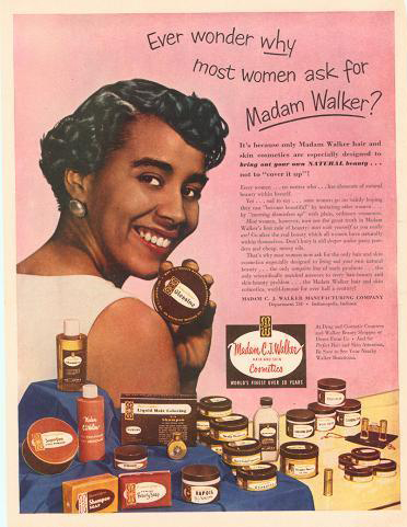 1950s vintage makeup ad for women with darker skin tones featuring a Black model with her makeup from Madam Walker Cosmetics.