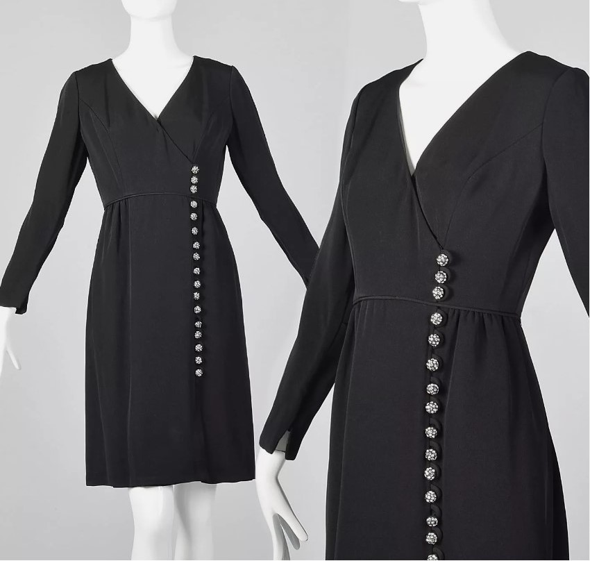 1960s Fashion: A Fred Perlberg 1960s dress. Black dress with decorative buttons down the front. Perfect "Little black dress". 