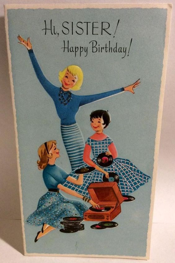 1960s vintage birthday greeting card / vintage birthday card featuring an illustration of young women playing records in early 1960s fashions