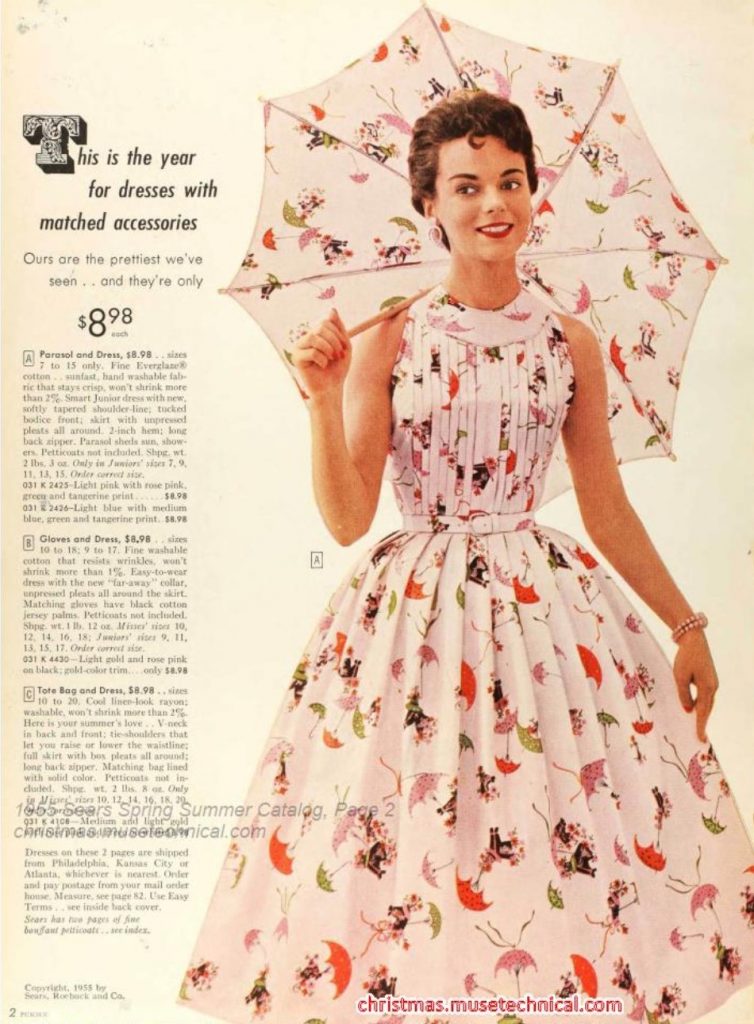 1950s Fashion / Vintage Summer Outfit as seen in a 1955 Sears Spring / Summer Catalog. The 1950s dress fabric has umbrellas on it that matches her parasol 