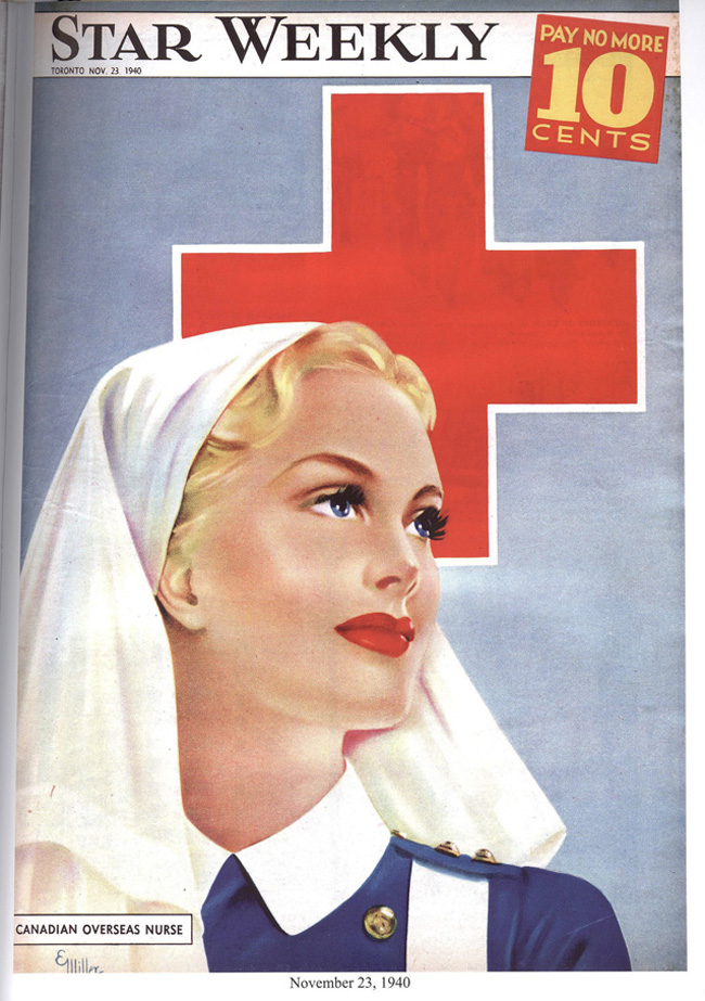 1940s vintage magazine cover from November 23rd 1940 from the Toronto Star Weekly showing a Canadian overseas nurse in uniform during WW2