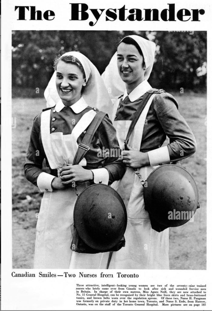 1940s vintage photo: The front cover of The Bystander features two nurses from Toronto, brought in to Britain in 1940 along with seventy-seven others to help care for wounded servicemen in wartime Britain. 1940 