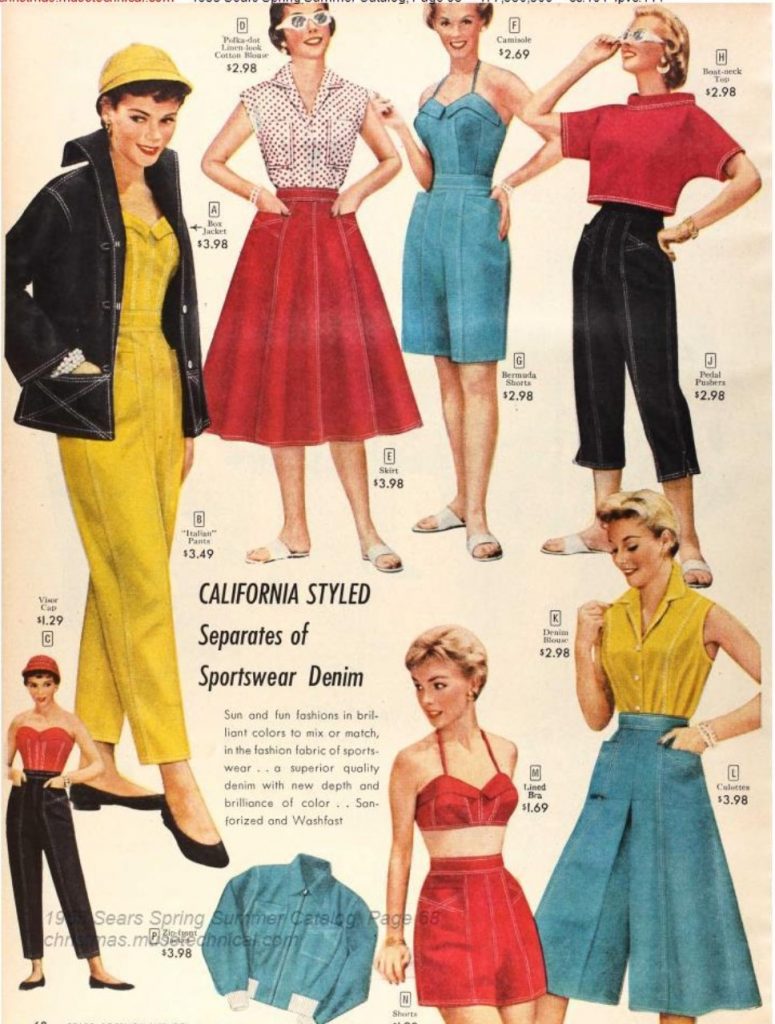 1950s fashion-1950s summer fashions for women featuring Bermuda shorts, pedal pushers, culottes, matching bra and shorts, Italian pants and shirt and blouse. as seen in a 1955 Sears Spring Summer Catalog