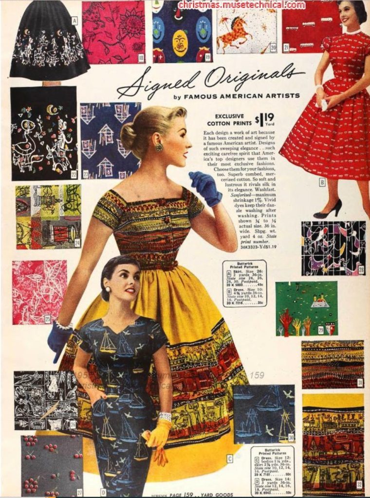 1950s Fashion: Women's 1950s cotton novelty print fabrics for your 1950s dresses and 1950s skirts as seen in a 1955 Sears Spring Summer Catalog