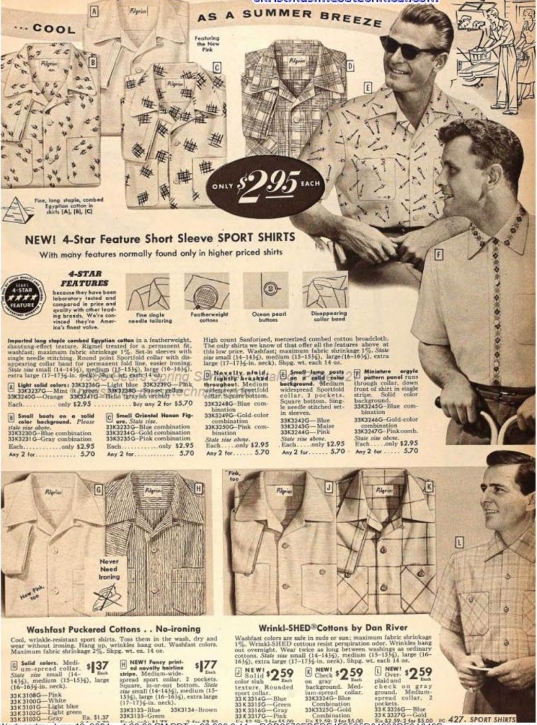 1950s Fashion: 1950s Men's Short Sleeve Sport Shirts...."Cool as a Summer breeze" as seen in a 1955 Sears Spring / Summer Catalog