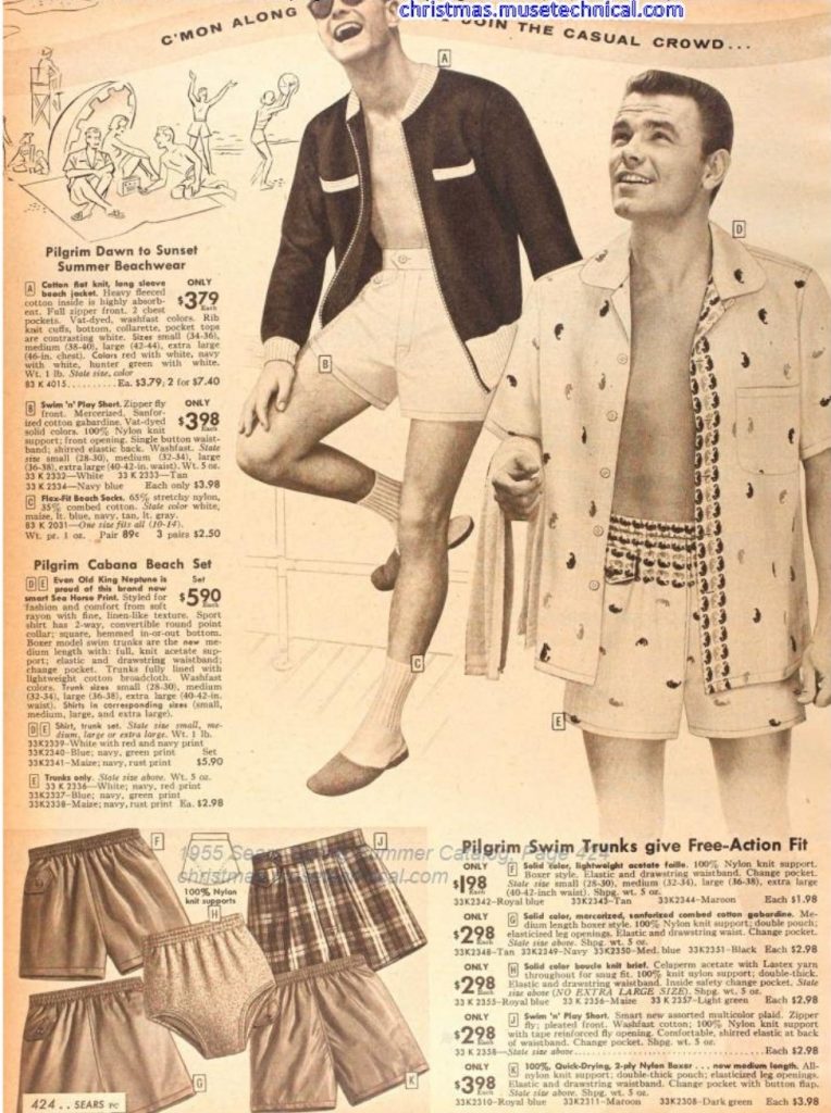 1950s Fashion: 1950s Men's Beachwear-Swim trunks and Cabana sets as seen in a 1955 Spring Summer Sears Catalog.