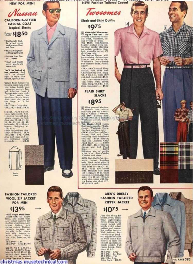 1950s Fashion: 1950s mens casual jackets, shirts and slacks / pants for summer as seen in a 1955 Spring Summer Sears Catalog.