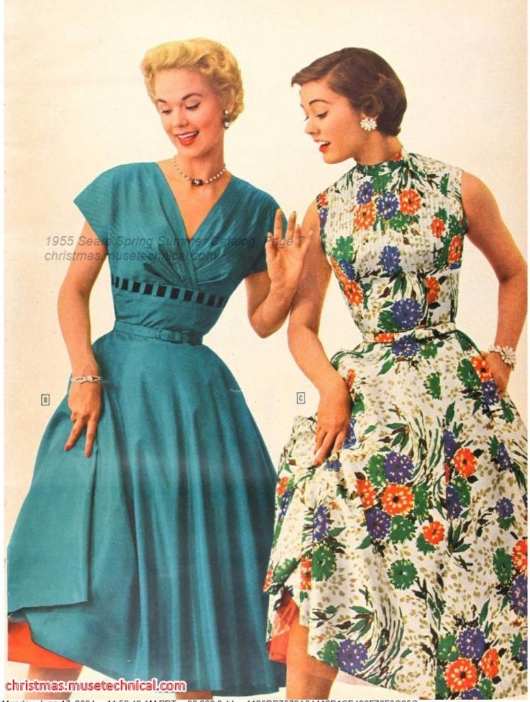 1950s Fashion: Petticoat Dress / Fit & Flare Dress Style. One of the 1950s dresses is a Floral dress. All dresses seen in a 1955 Spring / Summer Sears Catalog