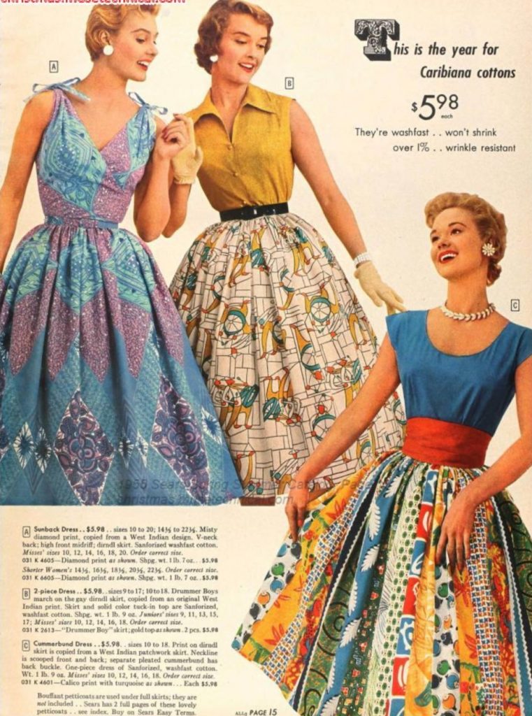 1950s Fashion: Women's Full Skirt Patterned Skirts & Patterned Summer Dress as seen in a 1955 Sears Spring Summer Catalog