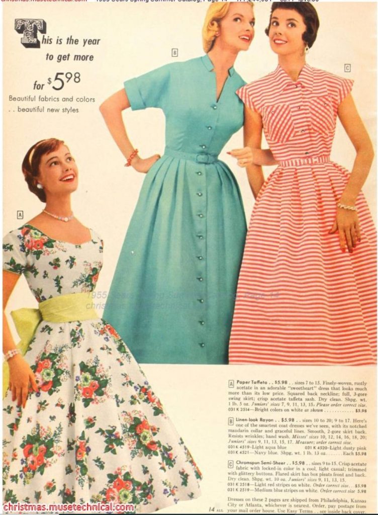 1950s Fashion: Women's Floral Swing Skirt dress, coat dress & flared dress as seen in a 1955 Spring Summer Sears Catalog