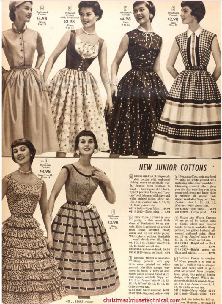 1950s Fashion: Junior Women's Dresses for Summer as seen in a 1955 Sears Spring / Summer Catalog. 