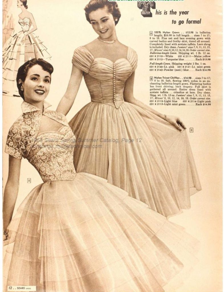 1950s fashion: Women's 1950s evening dresses as seen in a 1955 Spring Summer Sears Catalog