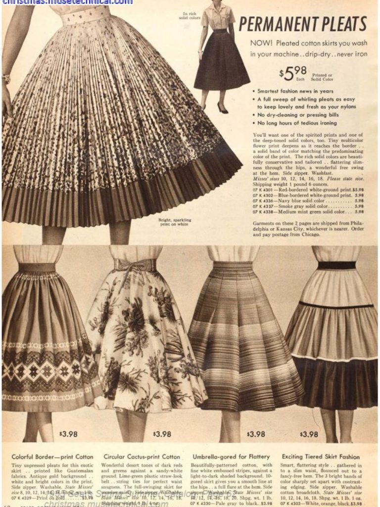 1950s Fashion: Women's 1950s Skirts-Full Skirts with pleats, patterned & tiered as seen in a 1955 Sears Spring Summer Catalog.