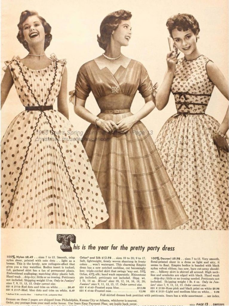 1950s Fashion: Women's 1950s party dresses in the full skirt style of the 50s as seen in a 1955 Spring Summer Sears Catalog