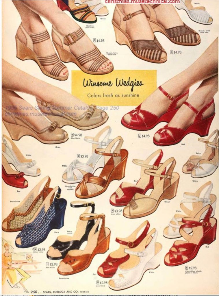 1950s Fashion: Women's 1950s shoes for Summer-Wedge Shoes as seen in a 1955 Spring Summer Sears Catalog. 