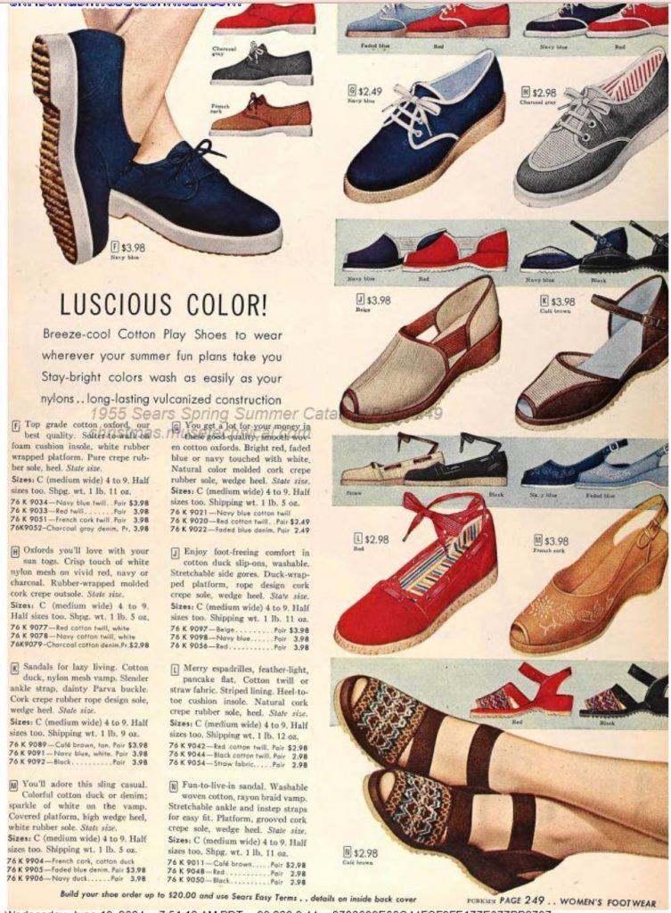 1950s fashion: Women's summer shoes as seen in a 1955 Spring Summer Sears Catalog -Oxfords, espadrilles & sandals.