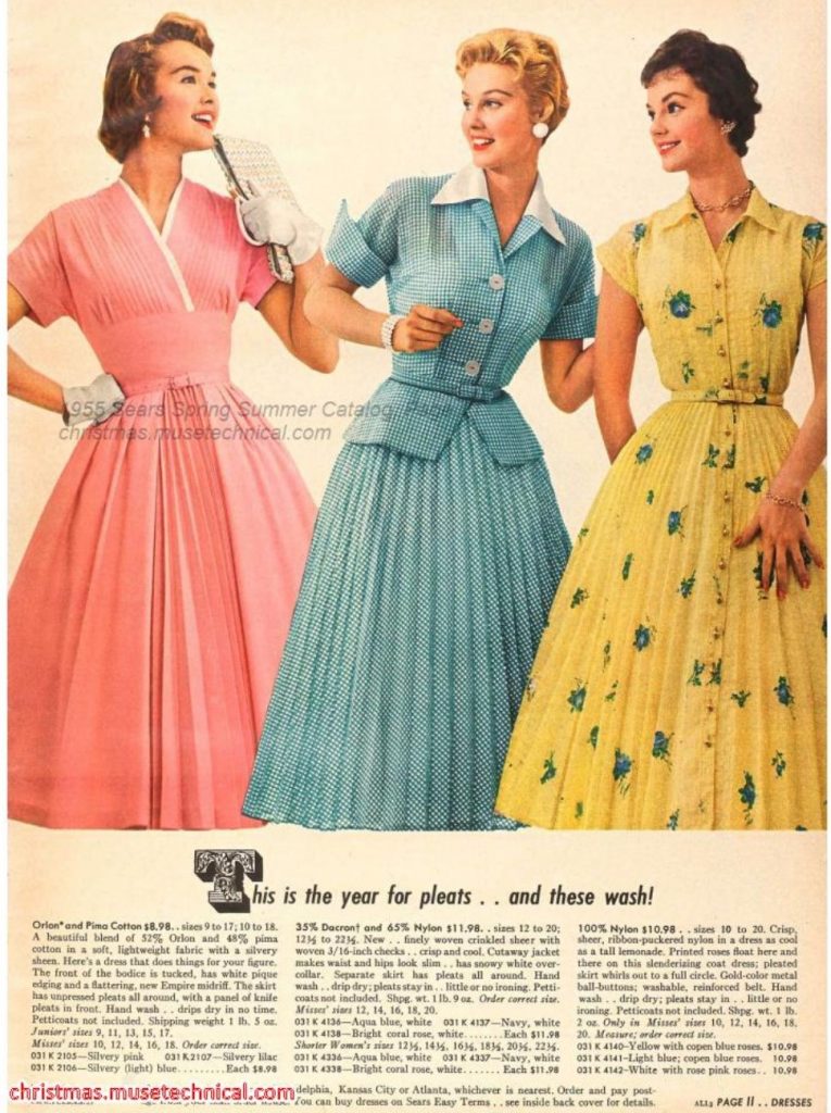 1950s fashion for women as seen in a 1955 Spring Summer Sears Catalog featuring women dresses with pleats