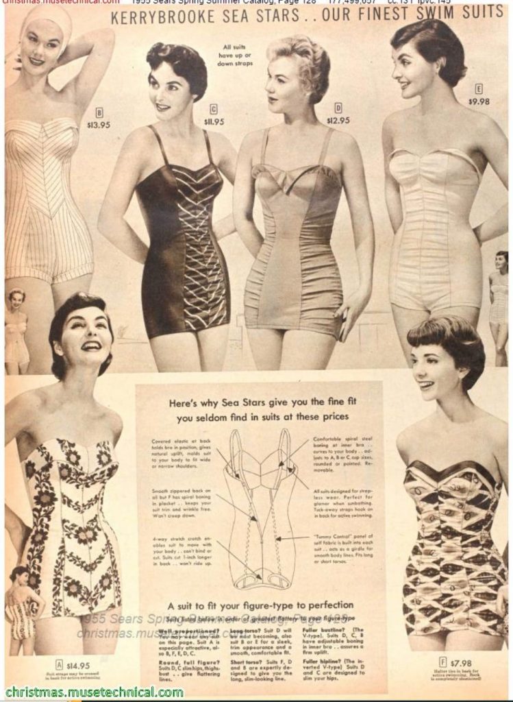 1950s Fashion: Women's Swimsuits / bathing suits as seen in a 1955 Sears Spring / Summer Catalog. Kerrybrooke Sea Stars brand.