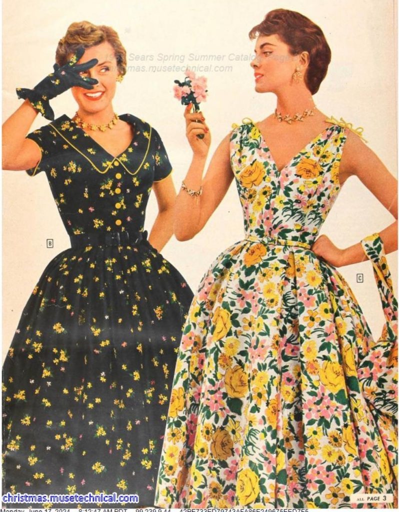 1950s Vintage Fashion as seen in a 1955 Spring / Summer Sears Catalog featuring an image of two women in 1950s full swing skirt floral dresses.