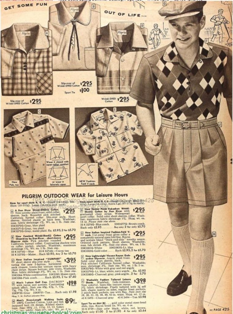 1950s fashions for men-Summer fashions for men shorts and men's shirts from a 1955 Sears Spring Summer Catalog