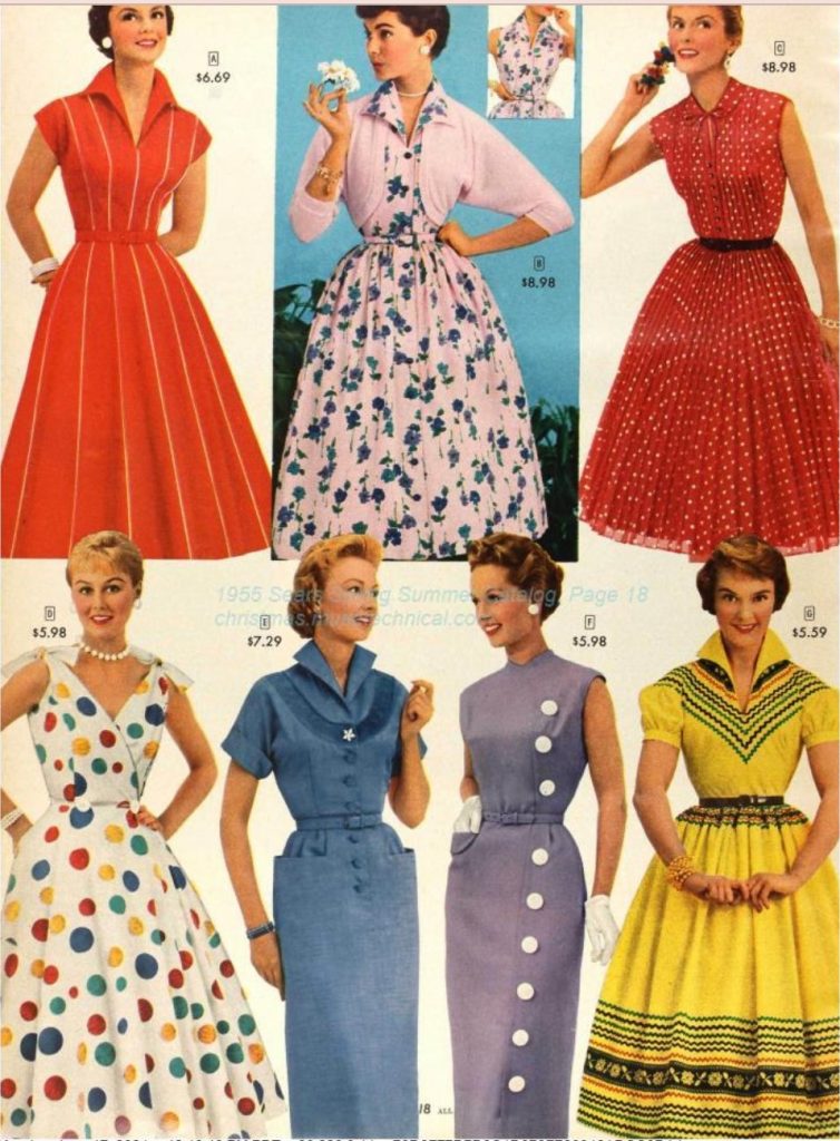 1950s women's fashions for Spring & Summer as seen in a 1955 Sears Catalog. The catalog page features 1950s dresses in stripes, florals, polka dots and more! 