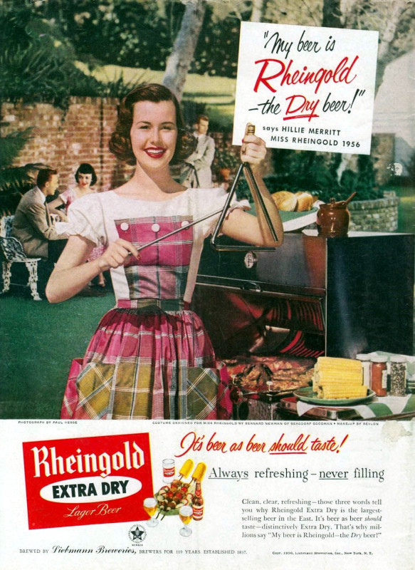 1956 Rheingold beer advertisement featuring "Miss Rheingold 1956-Hillie Merritt" serving up some BBQ. Fantastic 1950s vintage hairstyle inspiration.