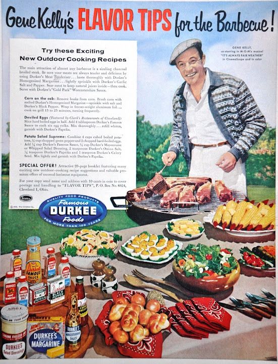 1950s vintage advertisement featuring Gene Kelly giving Outdoor cooking tips and vintage recipes from Durkee Foods