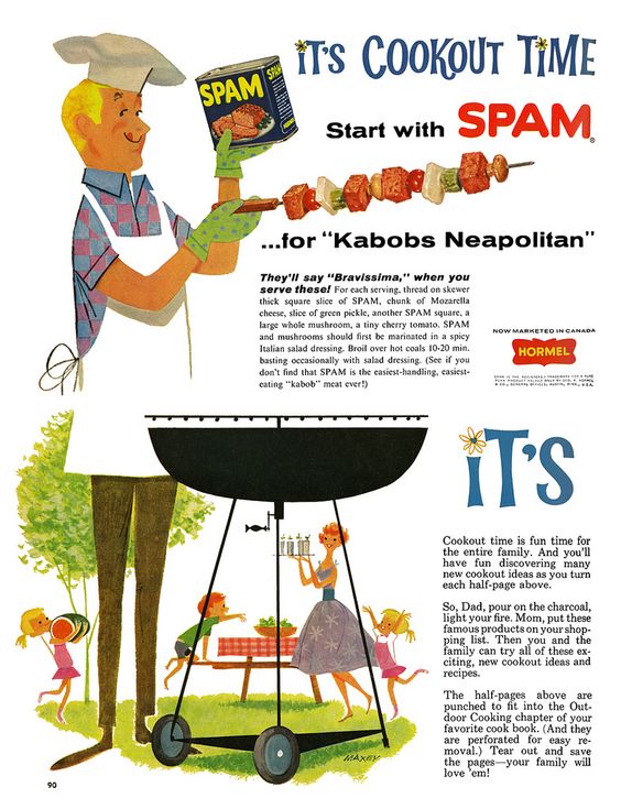 1950s vintage advertisement for SPAM for a barbecue in the backyard with the family