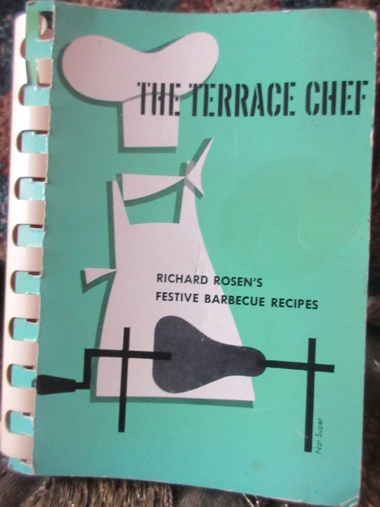 1950s BBQ cookbook: The Terraced Chef offers an array of recipes for meat, seafood, drinks, salads, desserts, For anyone that has dreamed of having a backyard cooking event that features crabs stuffed with avocado and guinea hen, or eggs stuffed with caviar and pheasant, then this book is for you.