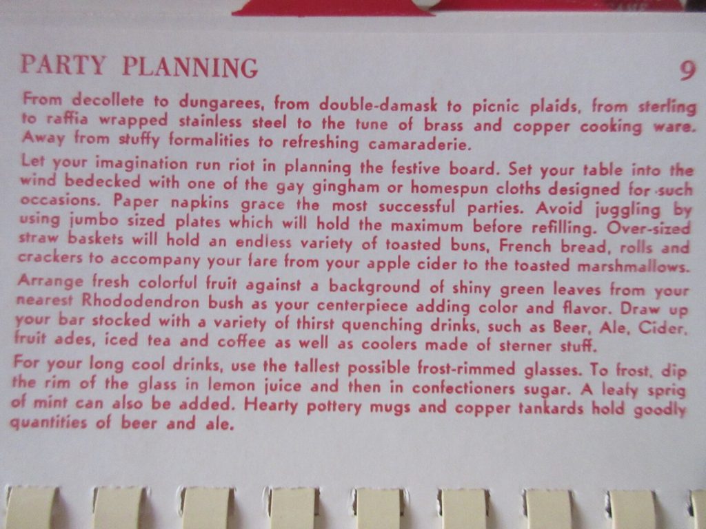 1950s vintage cook book showcasing party planning for your next outdoor barbecue