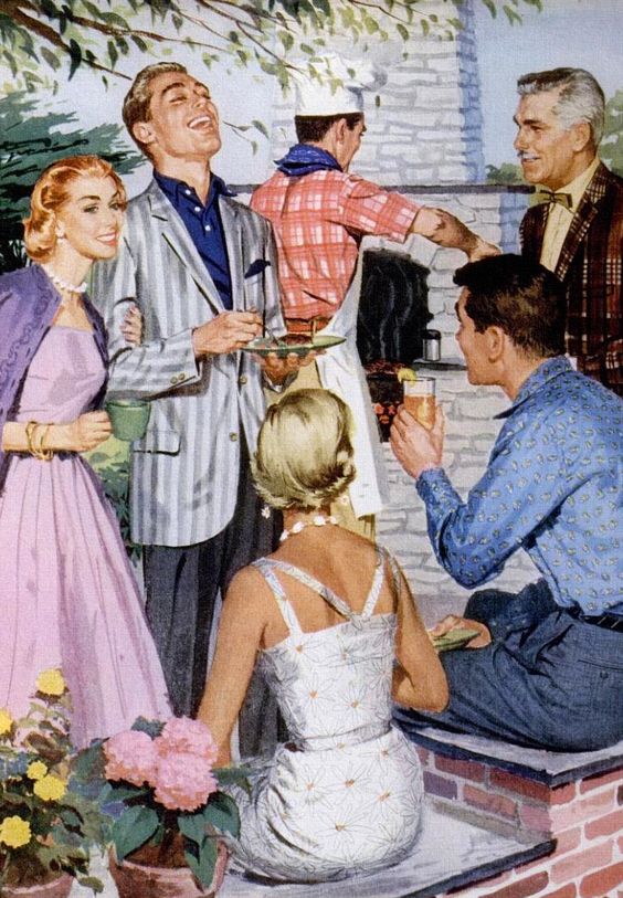 1950s vintage illustration of well dressed men and women in 1950s fashions having a barbecue