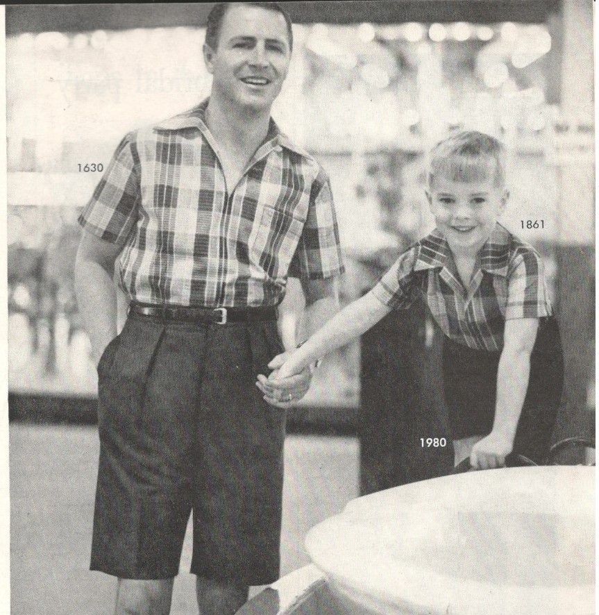 1950s Men's & Boys Bermuda Walking Shorts and Shirt: Perfect sports duet for his leisure hours of home or in the sun.