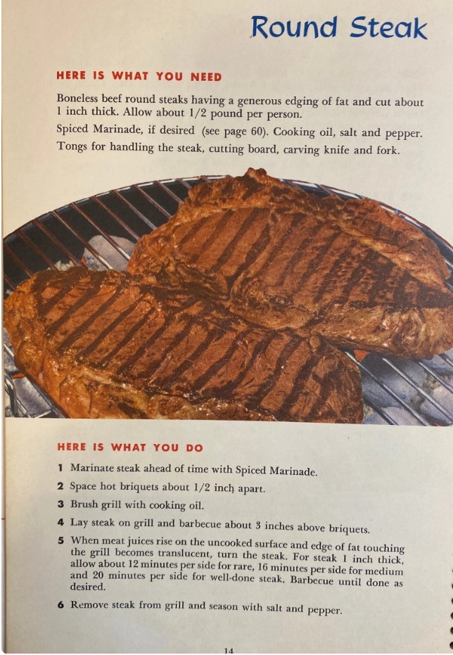 1950s vintage recipe for how to cook round steak on the barbeque from a vintage cook book from 1957