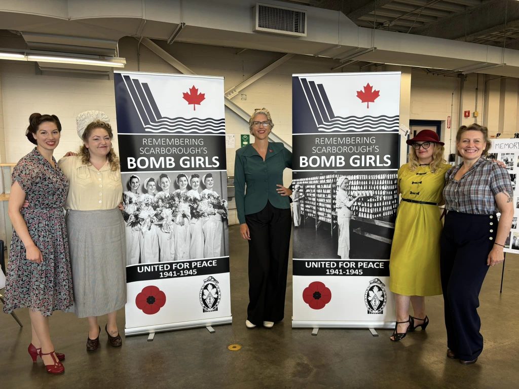 Bomb Girls of Scarborough memorial banner event June 2024 featuring the Toronto Vintage Society in 1940s fashions