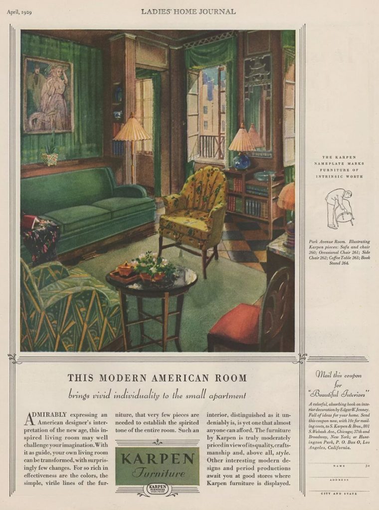 1920s furniture ad for -Krappen furniture from 1929 featuring a small apartment living room with 1920s furniture pieces. 