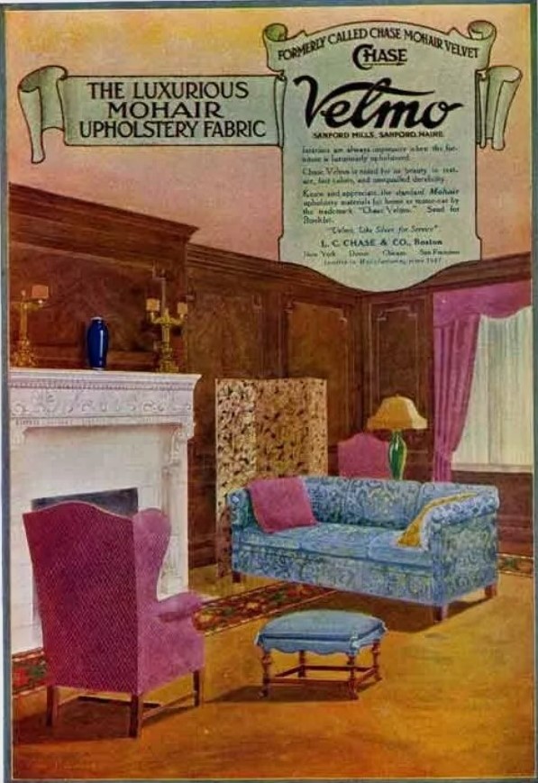 1920s vintage furniture ad: 1920 advertisement for Velmo Mohair Upholstery Fabric by LC Chase of Sanford Mills Maine.