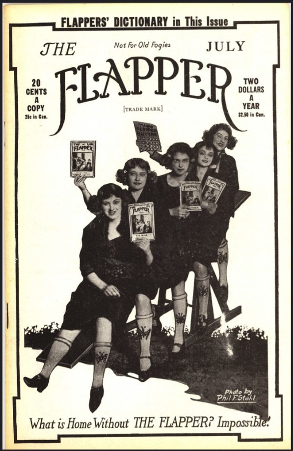 1920s vintage magazine cover: Cover of the July 1922 issue of 'The Flapper' magazine featuring 'The Flappers' Dictionary' and a group of 1920s flappers on the cover. 