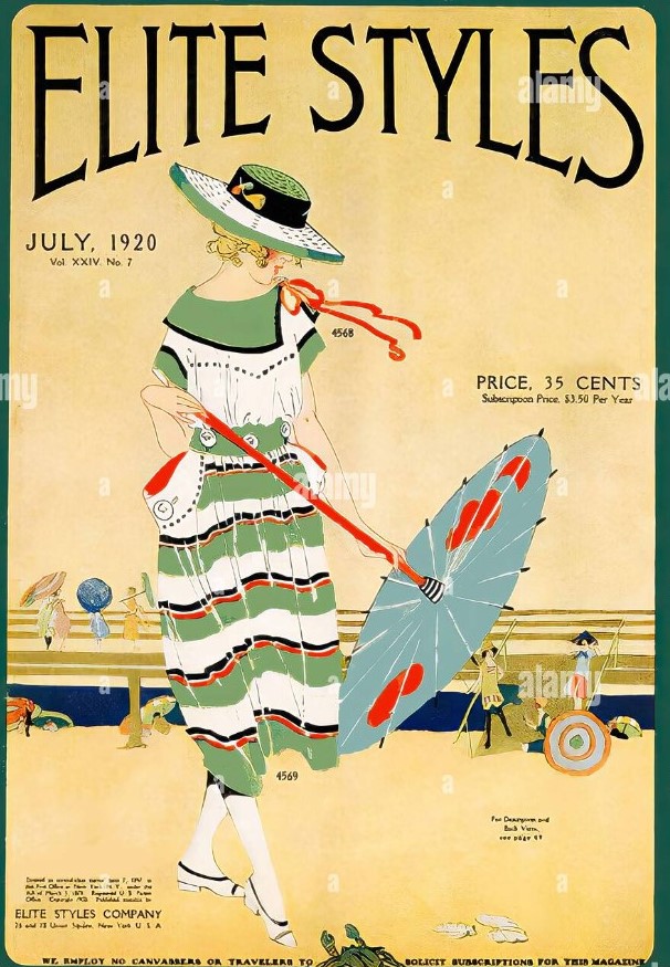 1920s Vintage Magazine Cover from Elite Styles magazine July 1920s featuring a fashion illustration of a woman in 1920s summer fashions.