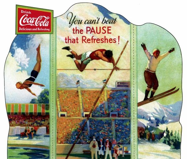 1930s vintage advertisement: Coca-Cola has been an official sponsor of the Olympic Games since the 1928 games in Amsterdam. For their 1932 summer Olympics sponsorship, the company distributed 3 million miniature cutouts of Olympic athletes with a history of Olympic records printed on the back. This ad, displayed in store windows across the Games’ host city of Los Angeles, is a larger version of the cutouts from the summer of ’32 