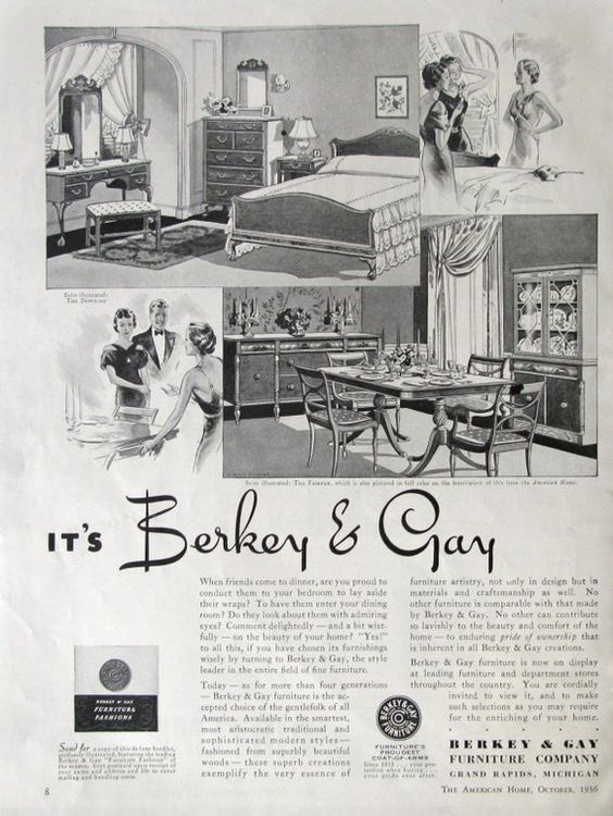 1930s vintage furniture ad: 1936 Berkey & Gay Furniture advertisement featuring a beautiful bedroom suite (The Downing) and dining room suite (The Fairfax) illustrated here.