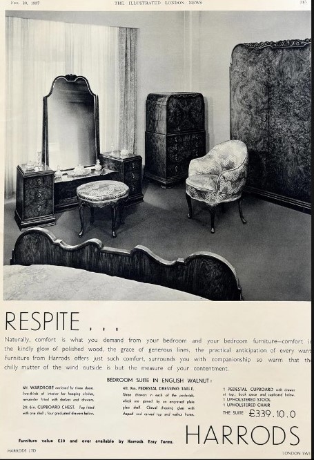 1930s vintage furniture advertisement for 1930s bedroom furniture from Harrods